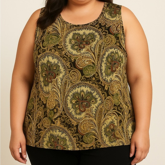 The Travel Collection Plus Size Paisley Print Slinky Knit Boho Artsy Tank Top - Picture 1 of 12